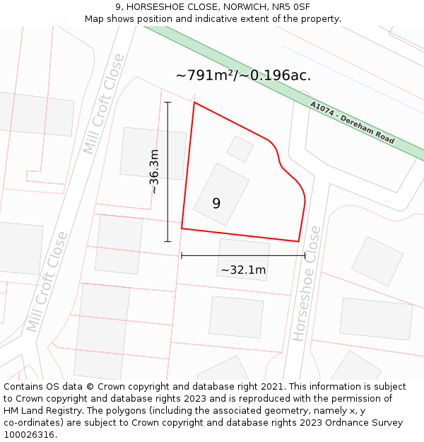 9, HORSESHOE CLOSE, NORWICH, NR5 0SF: Plot and title map