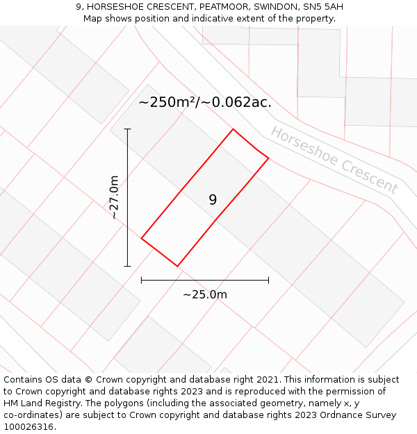 9, HORSESHOE CRESCENT, PEATMOOR, SWINDON, SN5 5AH: Plot and title map
