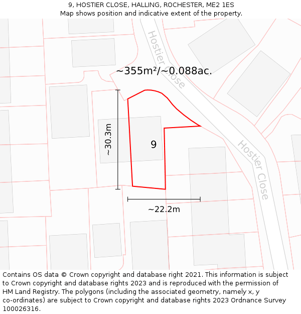 9, HOSTIER CLOSE, HALLING, ROCHESTER, ME2 1ES: Plot and title map