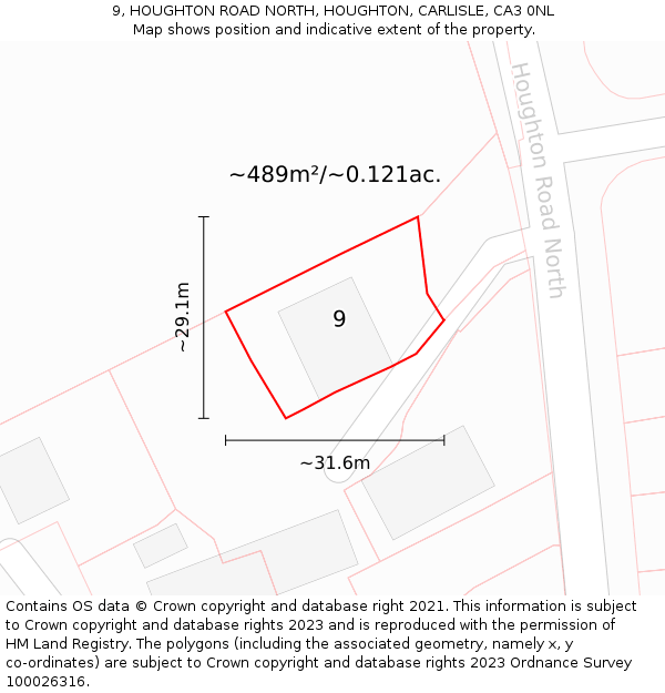 9, HOUGHTON ROAD NORTH, HOUGHTON, CARLISLE, CA3 0NL: Plot and title map