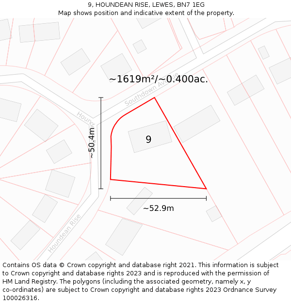 9, HOUNDEAN RISE, LEWES, BN7 1EG: Plot and title map