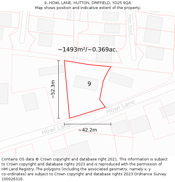 9, HOWL LANE, HUTTON, DRIFFIELD, YO25 9QA: Plot and title map