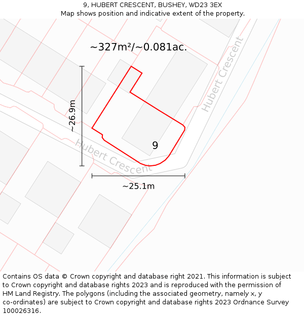 9, HUBERT CRESCENT, BUSHEY, WD23 3EX: Plot and title map