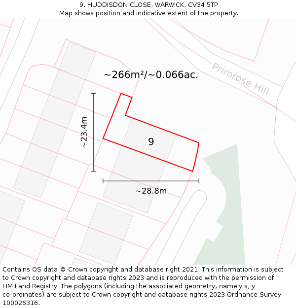 9, HUDDISDON CLOSE, WARWICK, CV34 5TP: Plot and title map