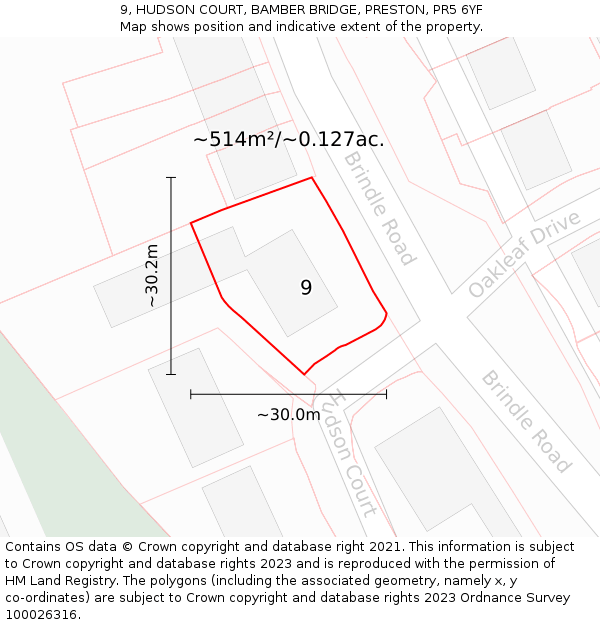 9, HUDSON COURT, BAMBER BRIDGE, PRESTON, PR5 6YF: Plot and title map