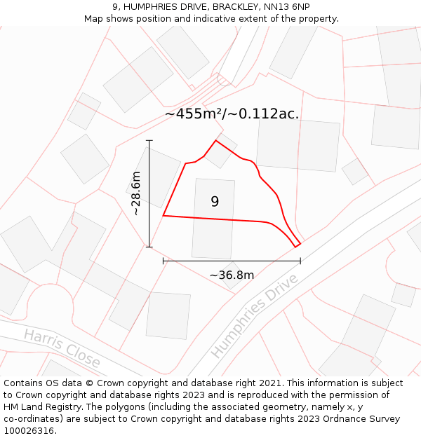 9, HUMPHRIES DRIVE, BRACKLEY, NN13 6NP: Plot and title map