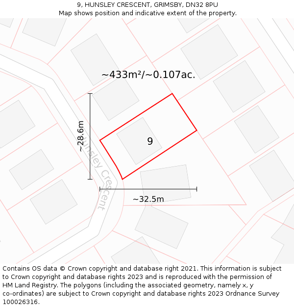 9, HUNSLEY CRESCENT, GRIMSBY, DN32 8PU: Plot and title map