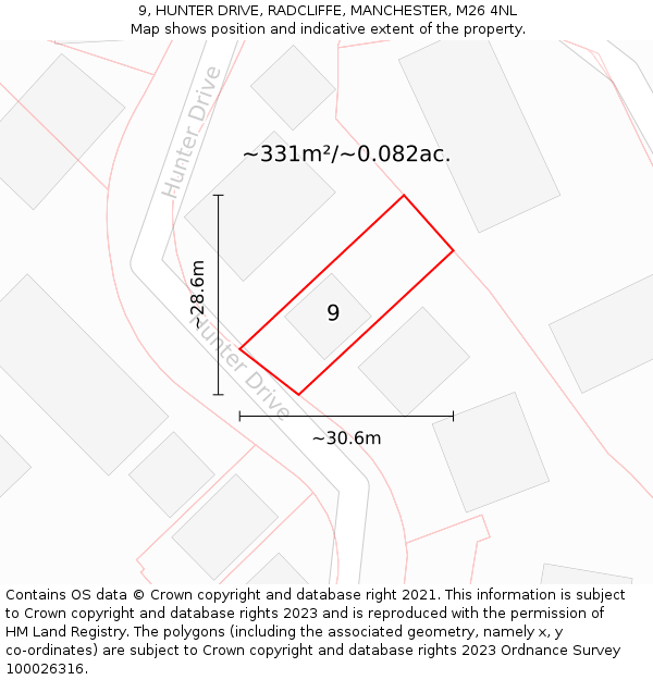 9, HUNTER DRIVE, RADCLIFFE, MANCHESTER, M26 4NL: Plot and title map