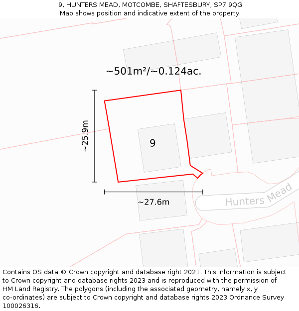 9, HUNTERS MEAD, MOTCOMBE, SHAFTESBURY, SP7 9QG: Plot and title map