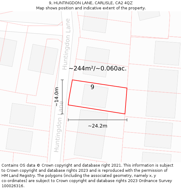 9, HUNTINGDON LANE, CARLISLE, CA2 4QZ: Plot and title map