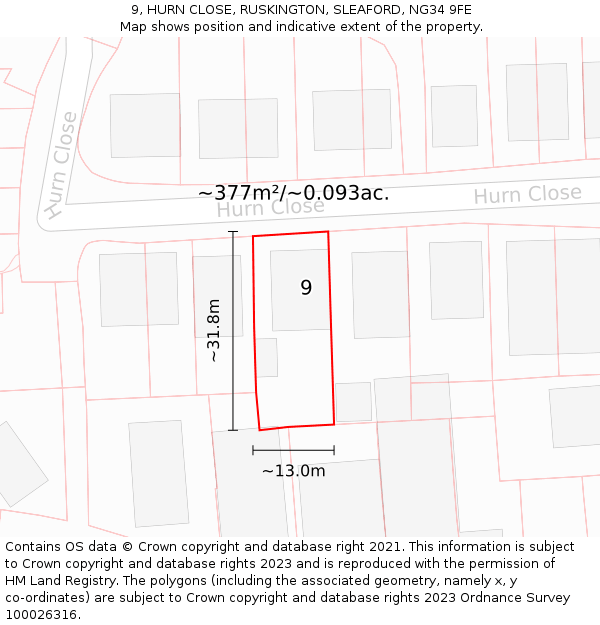 9, HURN CLOSE, RUSKINGTON, SLEAFORD, NG34 9FE: Plot and title map