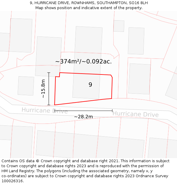 9, HURRICANE DRIVE, ROWNHAMS, SOUTHAMPTON, SO16 8LH: Plot and title map