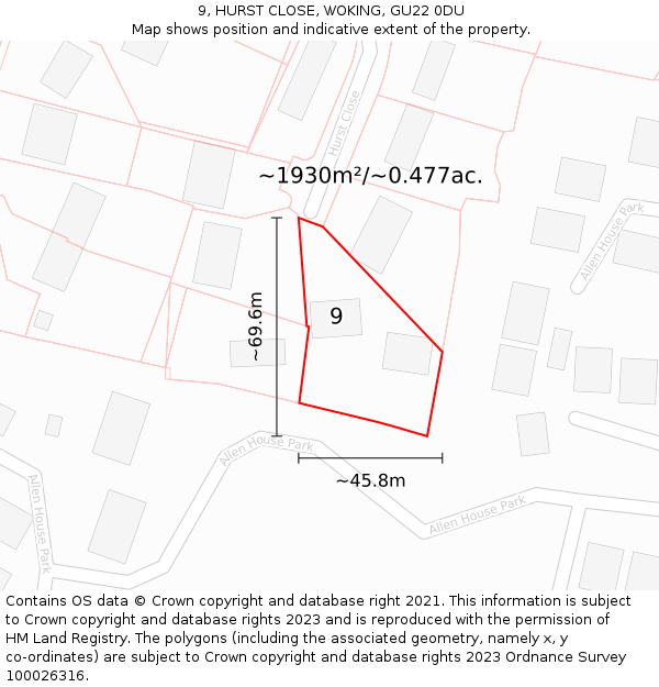 9, HURST CLOSE, WOKING, GU22 0DU: Plot and title map