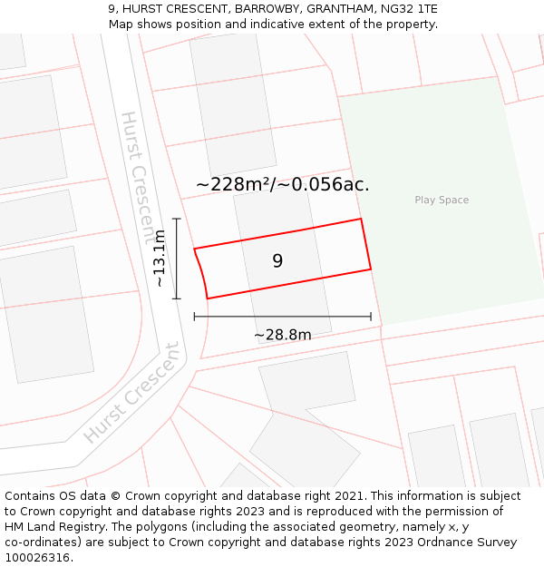 9, HURST CRESCENT, BARROWBY, GRANTHAM, NG32 1TE: Plot and title map