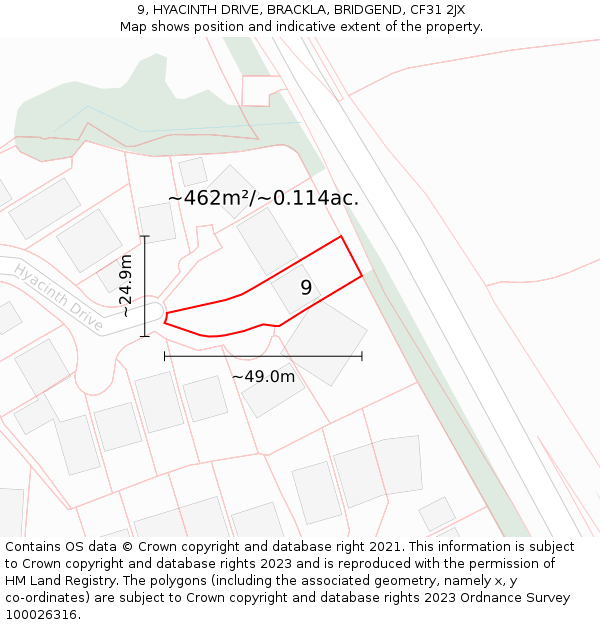 9, HYACINTH DRIVE, BRACKLA, BRIDGEND, CF31 2JX: Plot and title map