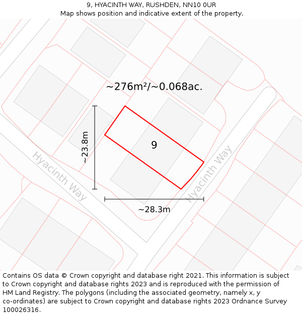 9, HYACINTH WAY, RUSHDEN, NN10 0UR: Plot and title map