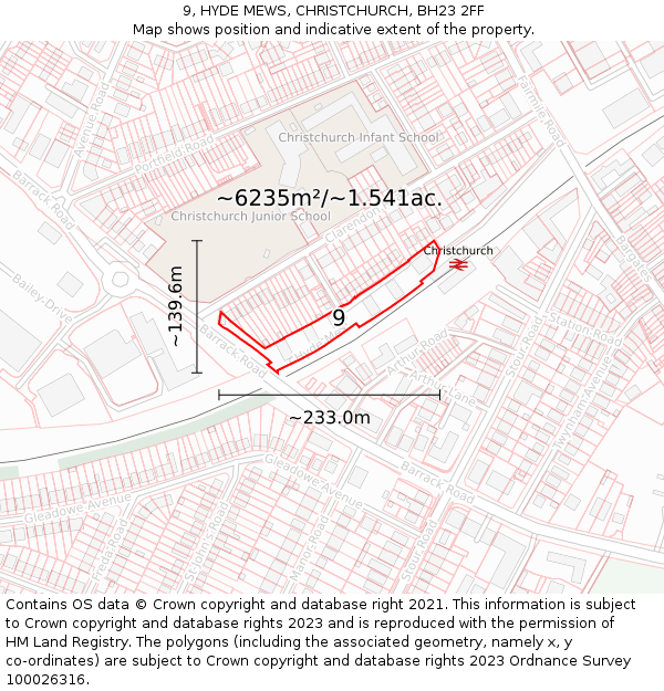 9, HYDE MEWS, CHRISTCHURCH, BH23 2FF: Plot and title map