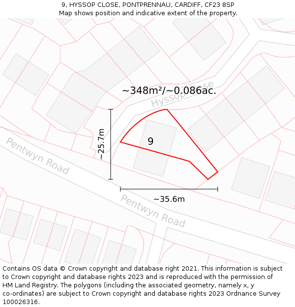 9, HYSSOP CLOSE, PONTPRENNAU, CARDIFF, CF23 8SP: Plot and title map