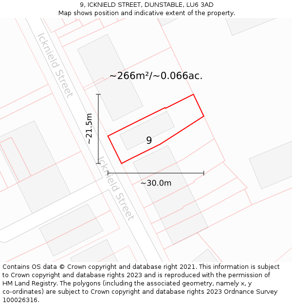 9, ICKNIELD STREET, DUNSTABLE, LU6 3AD: Plot and title map