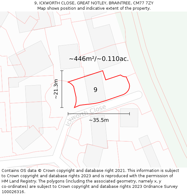 9, ICKWORTH CLOSE, GREAT NOTLEY, BRAINTREE, CM77 7ZY: Plot and title map