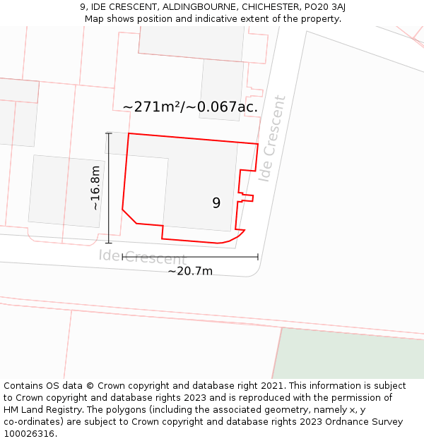 9, IDE CRESCENT, ALDINGBOURNE, CHICHESTER, PO20 3AJ: Plot and title map