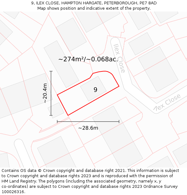 9, ILEX CLOSE, HAMPTON HARGATE, PETERBOROUGH, PE7 8AD: Plot and title map