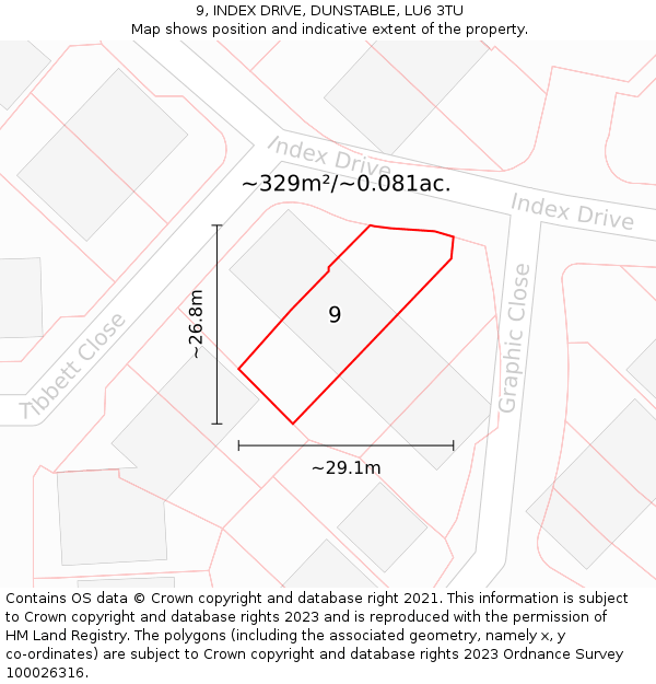 9, INDEX DRIVE, DUNSTABLE, LU6 3TU: Plot and title map