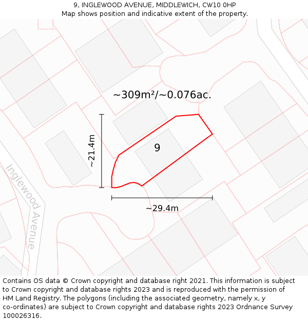 9, INGLEWOOD AVENUE, MIDDLEWICH, CW10 0HP: Plot and title map