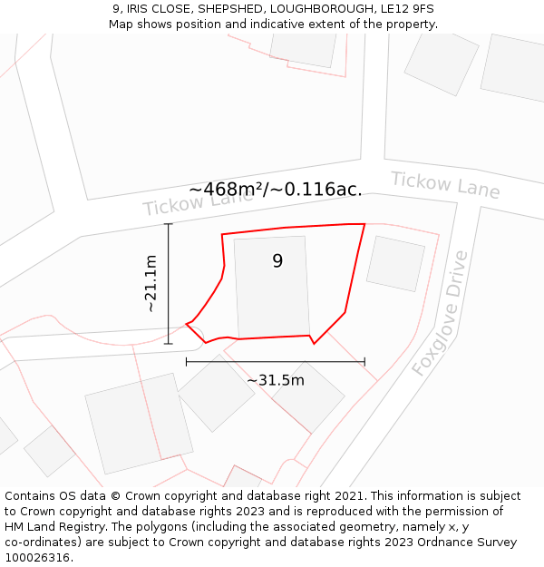 9, IRIS CLOSE, SHEPSHED, LOUGHBOROUGH, LE12 9FS: Plot and title map