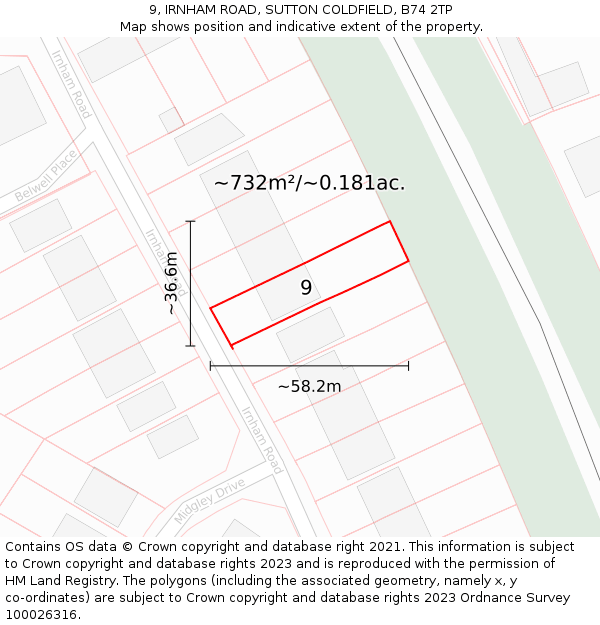 9, IRNHAM ROAD, SUTTON COLDFIELD, B74 2TP: Plot and title map