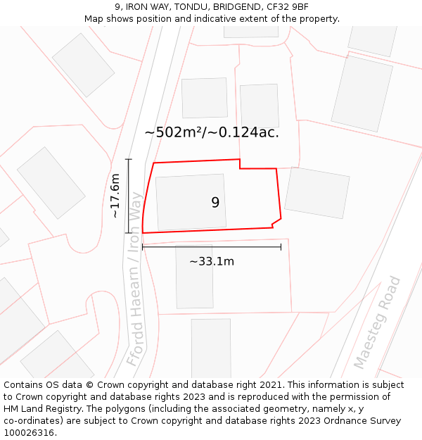 9, IRON WAY, TONDU, BRIDGEND, CF32 9BF: Plot and title map