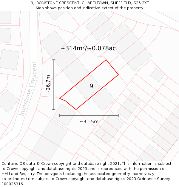 9, IRONSTONE CRESCENT, CHAPELTOWN, SHEFFIELD, S35 3XT: Plot and title map