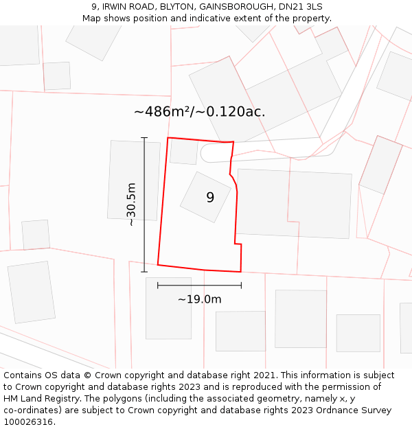 9, IRWIN ROAD, BLYTON, GAINSBOROUGH, DN21 3LS: Plot and title map