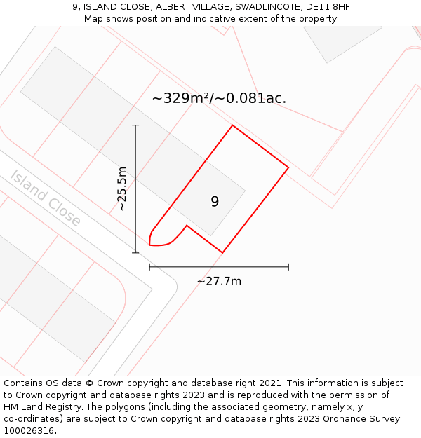 9, ISLAND CLOSE, ALBERT VILLAGE, SWADLINCOTE, DE11 8HF: Plot and title map