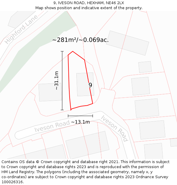 9, IVESON ROAD, HEXHAM, NE46 2LX: Plot and title map