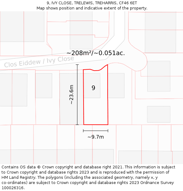 9, IVY CLOSE, TRELEWIS, TREHARRIS, CF46 6ET: Plot and title map