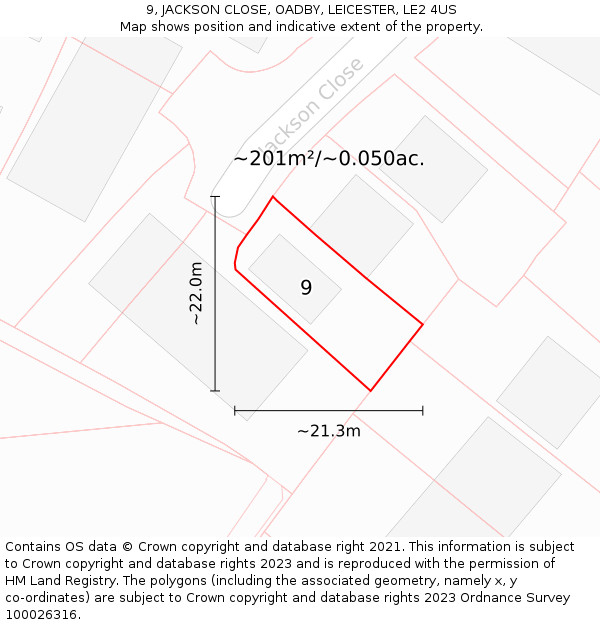 9, JACKSON CLOSE, OADBY, LEICESTER, LE2 4US: Plot and title map