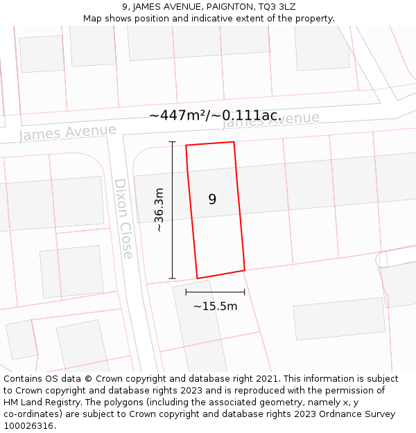 9, JAMES AVENUE, PAIGNTON, TQ3 3LZ: Plot and title map