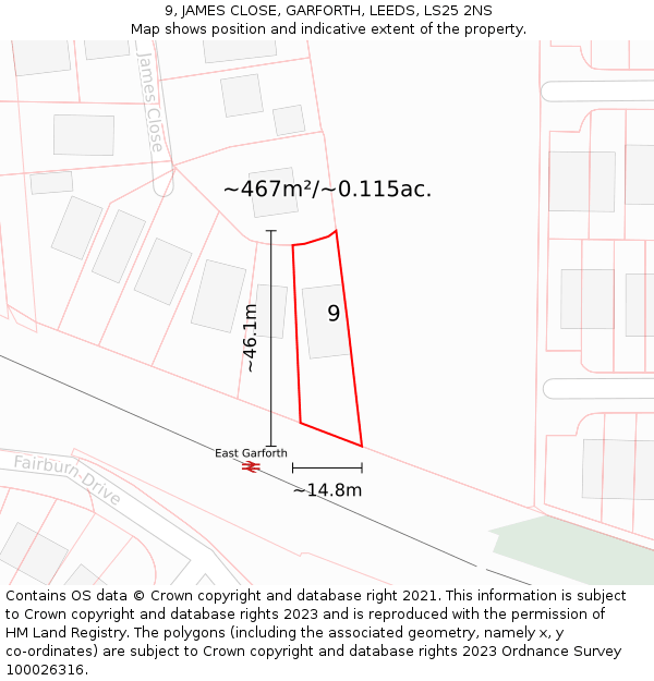 9, JAMES CLOSE, GARFORTH, LEEDS, LS25 2NS: Plot and title map