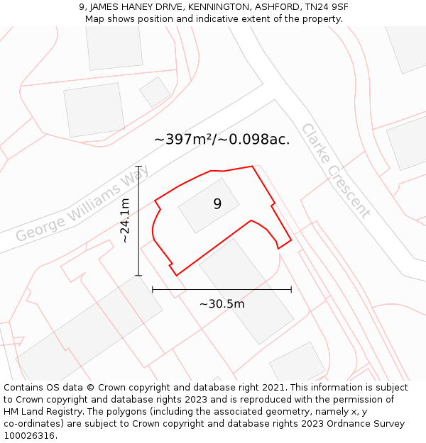 9, JAMES HANEY DRIVE, KENNINGTON, ASHFORD, TN24 9SF: Plot and title map