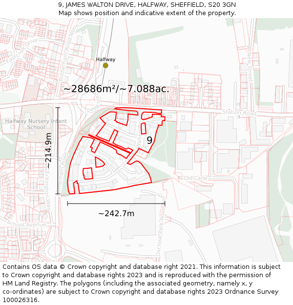 9, JAMES WALTON DRIVE, HALFWAY, SHEFFIELD, S20 3GN: Plot and title map