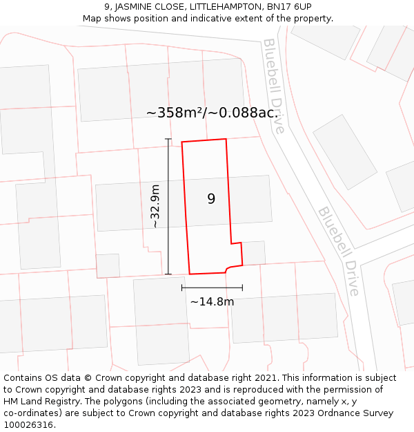 9, JASMINE CLOSE, LITTLEHAMPTON, BN17 6UP: Plot and title map