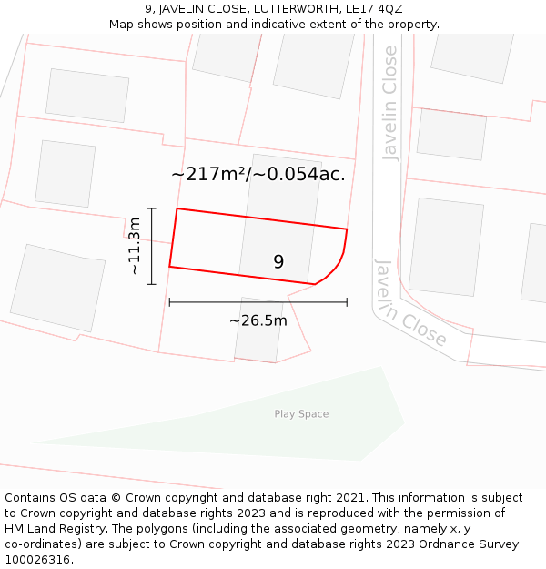 9, JAVELIN CLOSE, LUTTERWORTH, LE17 4QZ: Plot and title map