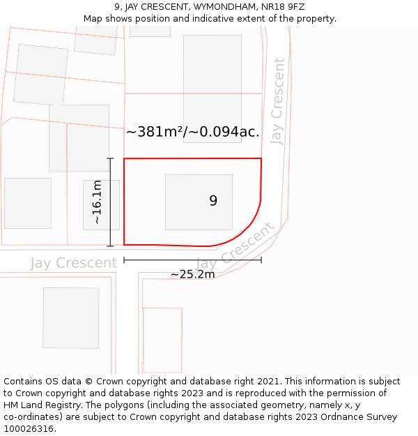 9, JAY CRESCENT, WYMONDHAM, NR18 9FZ: Plot and title map