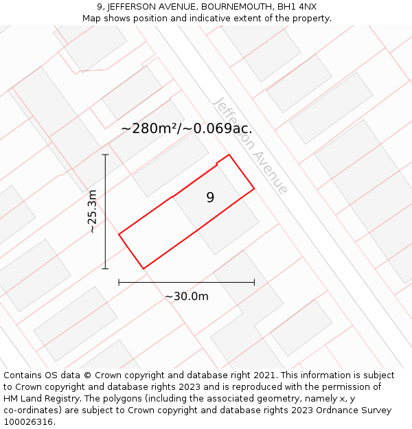 9, JEFFERSON AVENUE, BOURNEMOUTH, BH1 4NX: Plot and title map