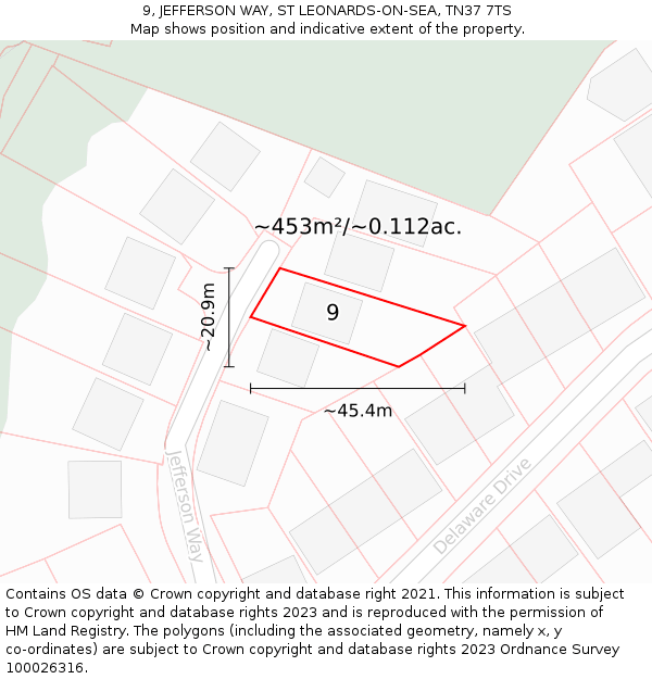 9, JEFFERSON WAY, ST LEONARDS-ON-SEA, TN37 7TS: Plot and title map