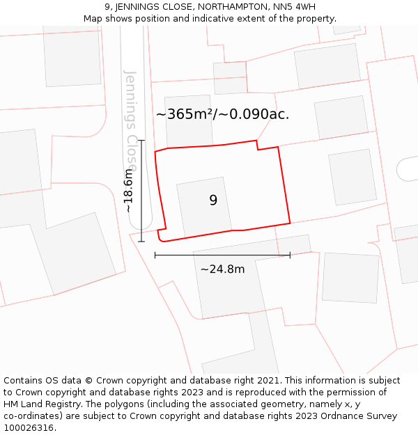 9, JENNINGS CLOSE, NORTHAMPTON, NN5 4WH: Plot and title map