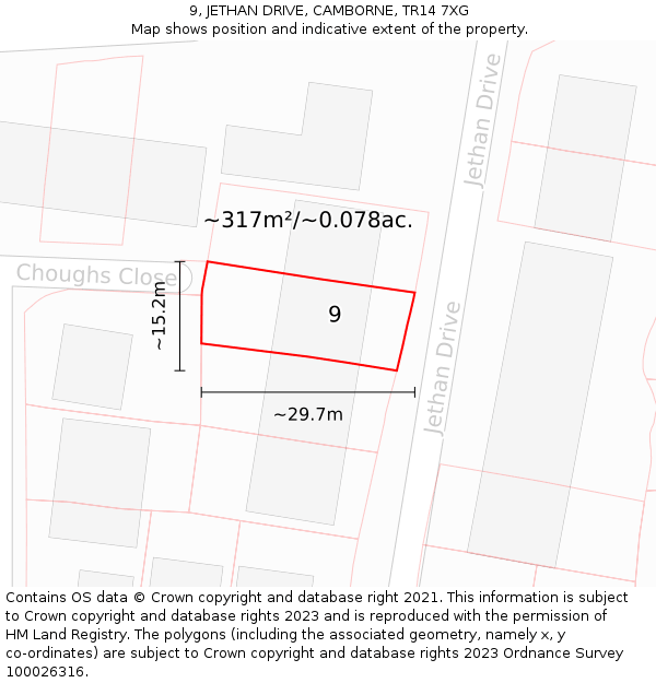 9, JETHAN DRIVE, CAMBORNE, TR14 7XG: Plot and title map