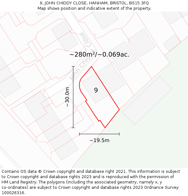 9, JOHN CHIDDY CLOSE, HANHAM, BRISTOL, BS15 3FQ: Plot and title map