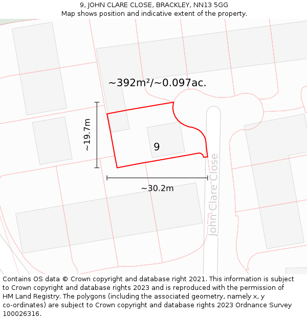 9, JOHN CLARE CLOSE, BRACKLEY, NN13 5GG: Plot and title map